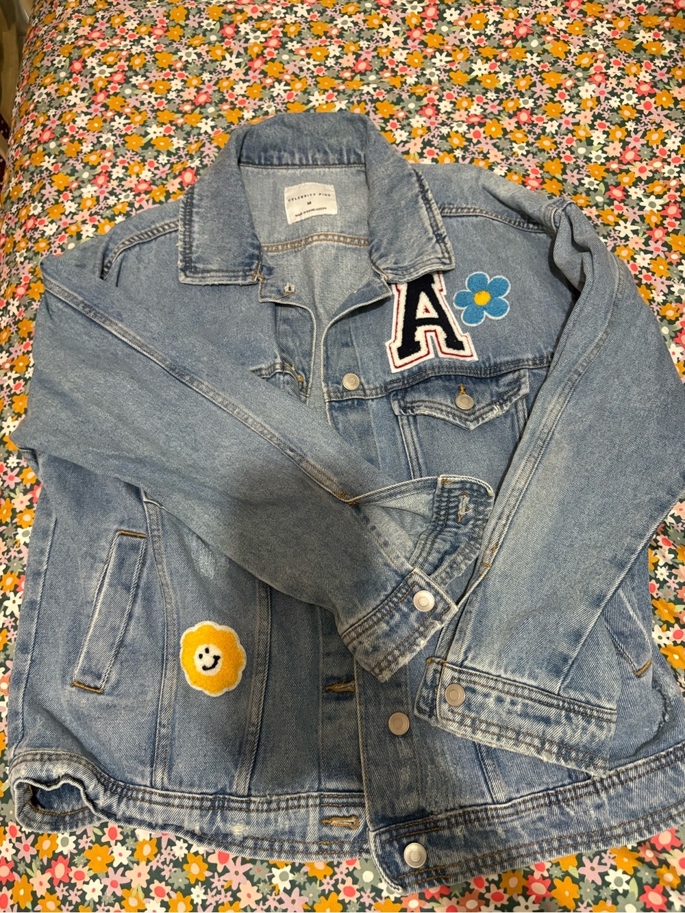 Celebrity Pink Light Blue Denim Jacket with Floral Patches